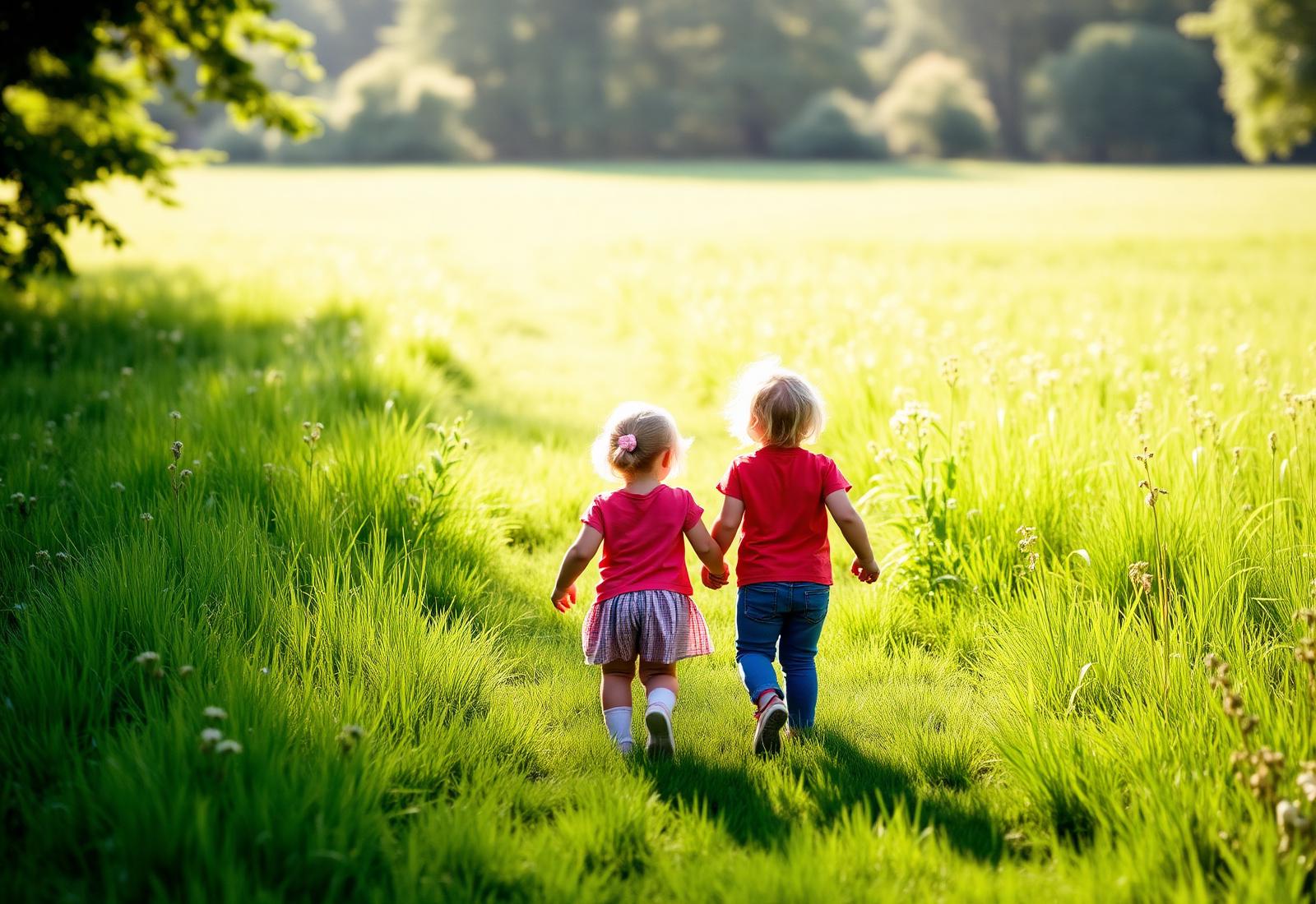 Two children walking through a sunlit meadow